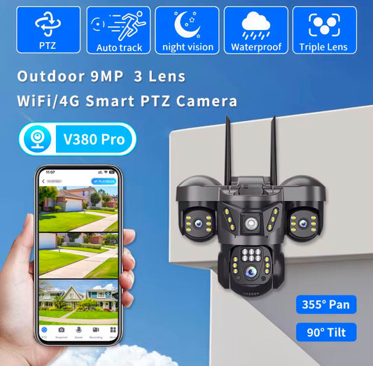 9MP Triple Lens WiFi/4G Smart PTZ Outdoor Security Camera with Auto Tracking & Night Vision
